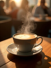 Fototapeta premium Cup of coffee with latte art on wooden table, luxury cafe interior in soft bokeh background, warm cozy atmosphere, elegant white ceramic mug, steaming hot, detailed and hyper-realistic photography