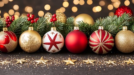 Festive christmas ornaments adorned with festive colors and patterns.