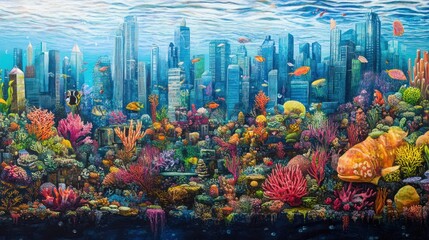 Surreal underwater cityscape with vibrant coral reefs and marine life thriving
