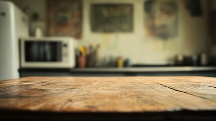 Rustic Wooden Tabletop Background Kitchen Setting Blurred Home Interior Design Warm Brown Wood Texture Surface Empty Space Product Placement Display  