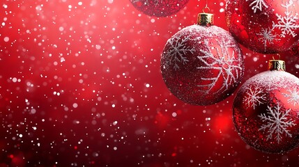 Red Christmas ornaments with snowflakes, against a backdrop of falling snow.