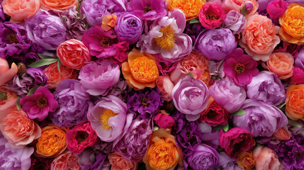 bubblegum purple mauve and vibrant orange peony flower wall background rich floral composition perfect for event decor fabric design or seasonal branding visuals