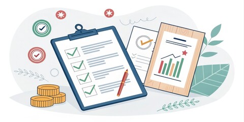 Illustration of a clipboard with checklists, documents, graphs, and coins, representing business planning and analysis.