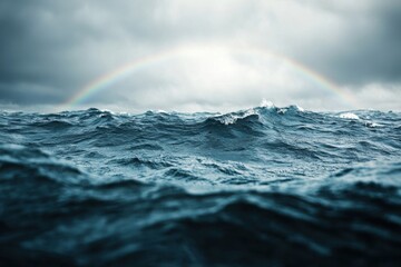 Fototapeta premium A captivating view of turbulent ocean waves beneath a cloudy sky, featuring a vibrant rainbow arching above the water.