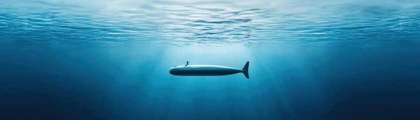 Fototapeta premium A sleek, futuristic submarine glides through deep blue waters, illuminated by soft rays of light filtering from above, creating a serene underwater atmosphere.