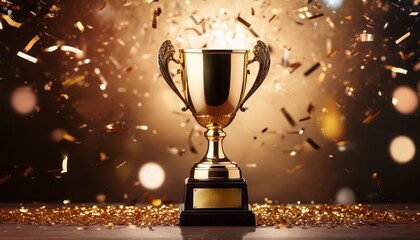 Winner background Gold trophy cup with confetti