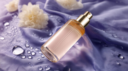 Elegant perfume spray bottle on silky lavender fabric with water droplets and soft white blossoms for a fresh floral essence