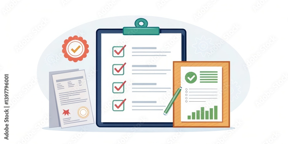 Poster illustration of checklists and reports, symbolizing organization and verification in a professional 