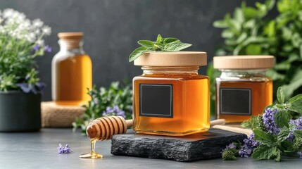 Sunlit jars of honey are infused with dandelion petals and violets, labels handwritten with botanical notes