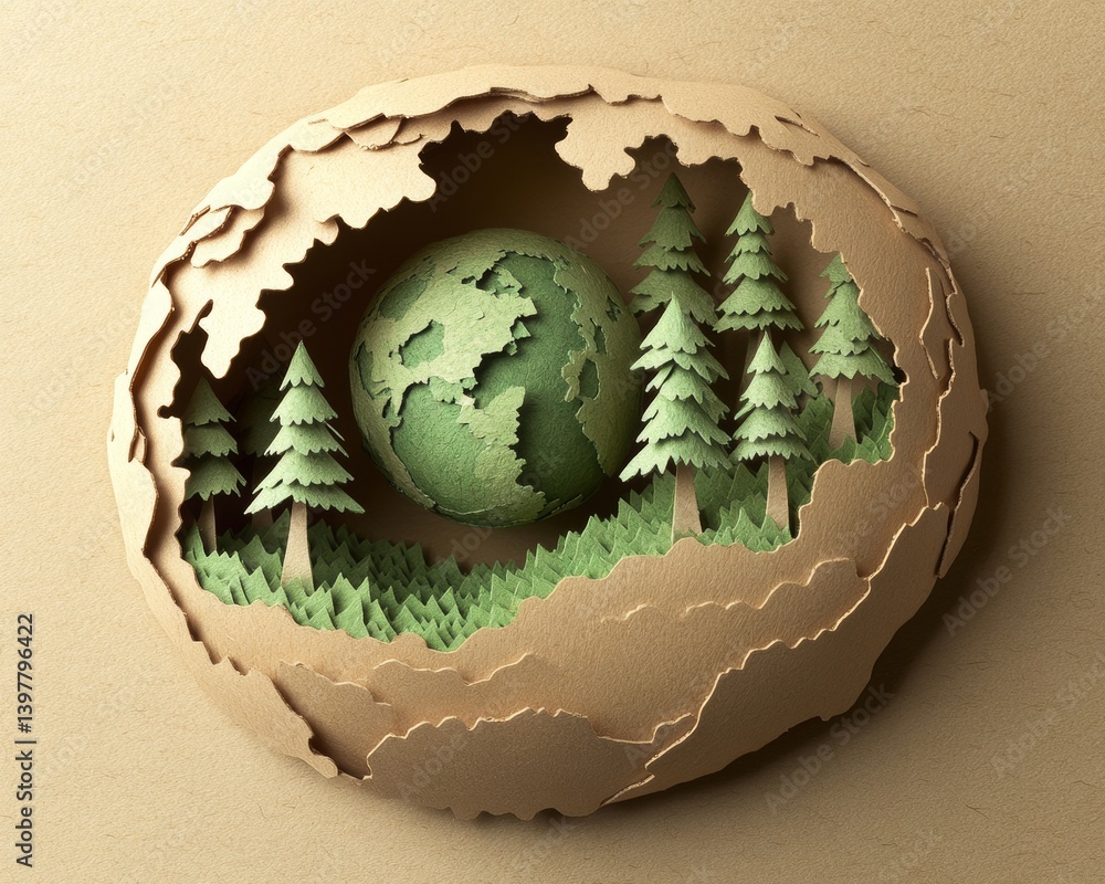 Poster a 3d representation of the world map in the shape of a tree or forest is set against a white backgro
