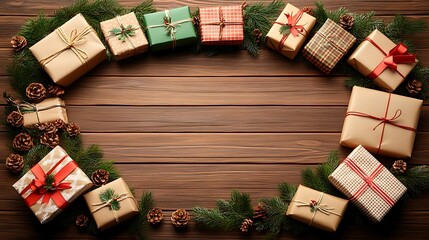 A circular arrangement of christmas gifts and pine boughs on a wooden surface.