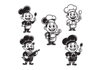 Set of vintage cartoon chefs with different cooking poses in black and white.