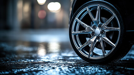 A close-up view of a shiny chrome alloy wheel on a luxury car parked on a wet city street at night with blurred background lights.