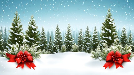 A winter wonderland scene with snow-covered Christmas trees and a red ribbon.