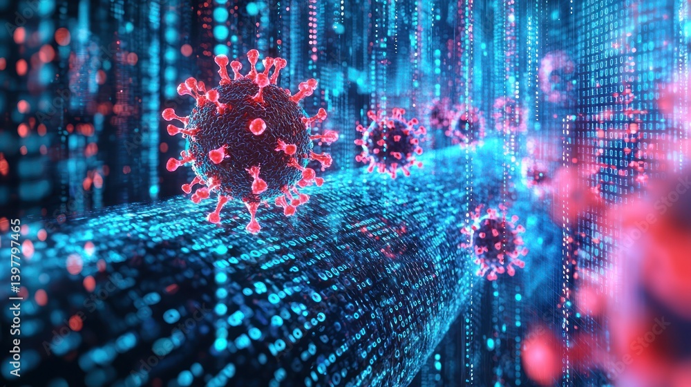 Poster digital pandemic: a 3d rendering of covid-19 virus particles traveling through a stream of binary co