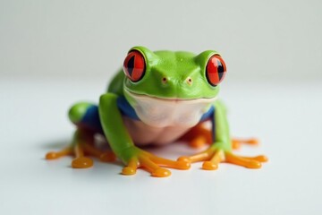 Obraz premium Single red-eyed tree frog on pure white backdrop, reptile, colorful