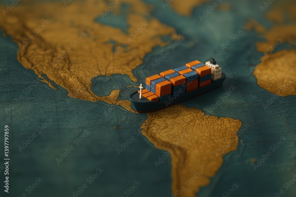 Poster miniature ship placed on map with detailed geographical features