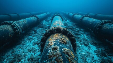 A long pipe is underwater with a lot of algae growing on it