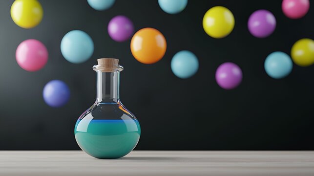 Elementary school activities 3D concept Colorful lab flask against a backdrop of vibrant spheres.
