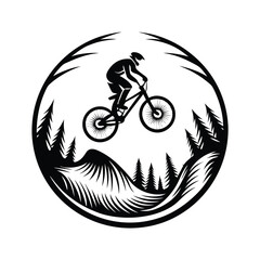 Silhouette of Cyclist Jumping on Mountain Bike with Trees and Hills in Black and White