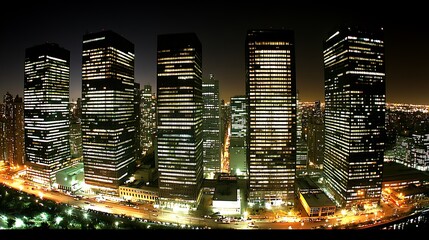 A panoramic view of illuminated skyscrapers at night in a bustling city.