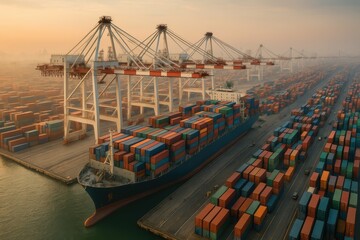 Naklejka premium Bustling Container Port at Dawn with Colorful Cargo Ships