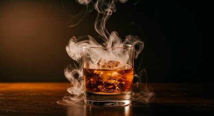 A glass of amber liquor with ice, encircled by rising vapor, creating a visually striking and atmospheric presentation.