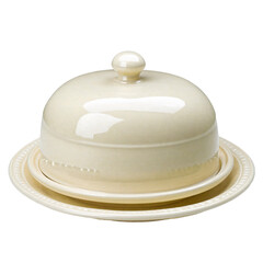a creamy white ceramic butter dish with a domed lid and accompanying plate is displayed on a neutral background.
