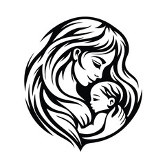 Silhouette of Woman with Headscarf Holding Baby, Religious, Black and White