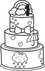 A line art illustration of a tiered birthday cake with cloud and rainbow decorations
