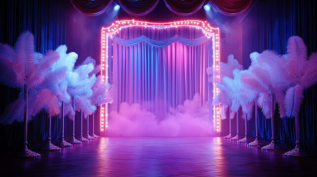 Glamorous neon-lit cabaret stage with feather decor and smoke for theatrical shows and nightlife event promotion