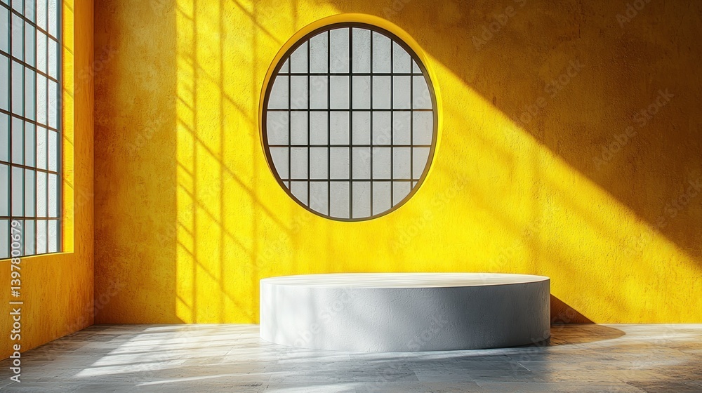 Poster sunlit yellow room with circular window and platform