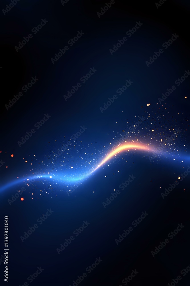 Poster glowing energy wave with sparkling particles on dark blue background, magical light trail effect wit