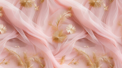 A luxurious seamless background featuring soft layers of tulle in pink and cream, adorned with fine golden embroidery motifs—florals, swirls, and stars. Perfect for invitations and elegant designs.