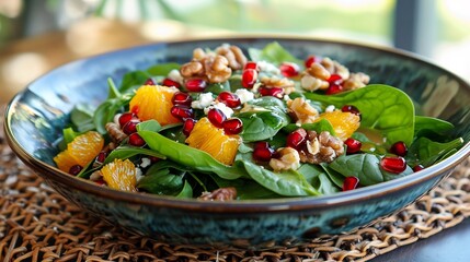 Iron rich spinach pomegranate salad with walnuts goat cheese and a honey mustard dressing