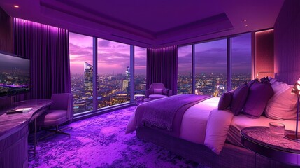 Luxurious purple bedroom with city view at dusk