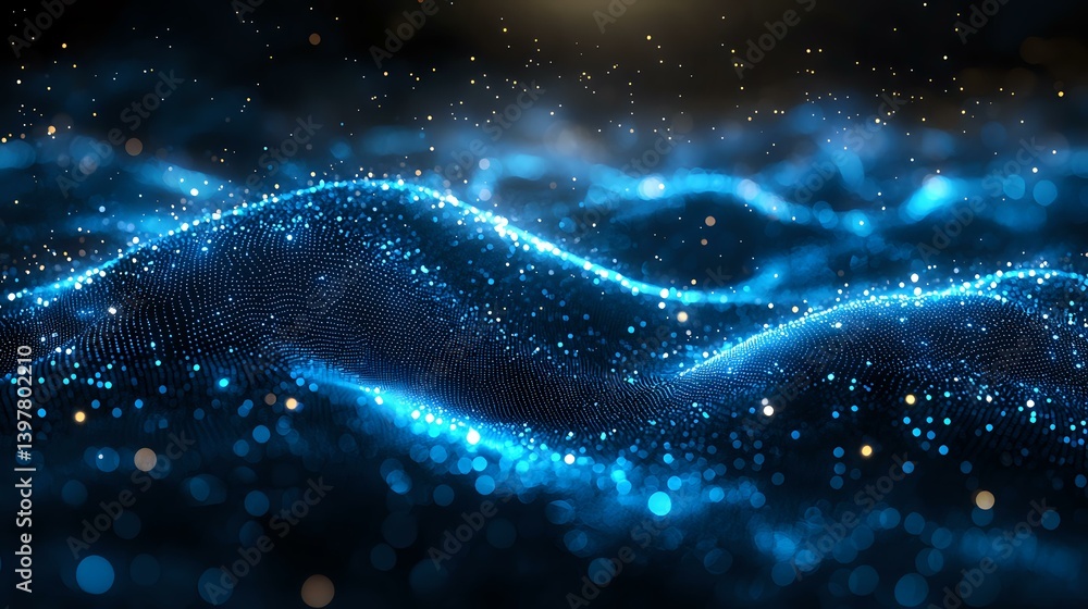 Poster glowing blue particles form dynamic waves against dark background, creating futuristic abstract patt
