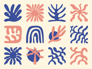 Floral doodle shapes in retro hippie 60s 70s style vector collection. Flower hand drawn organic shapes design for seamless pattern, prints and wallpaper.