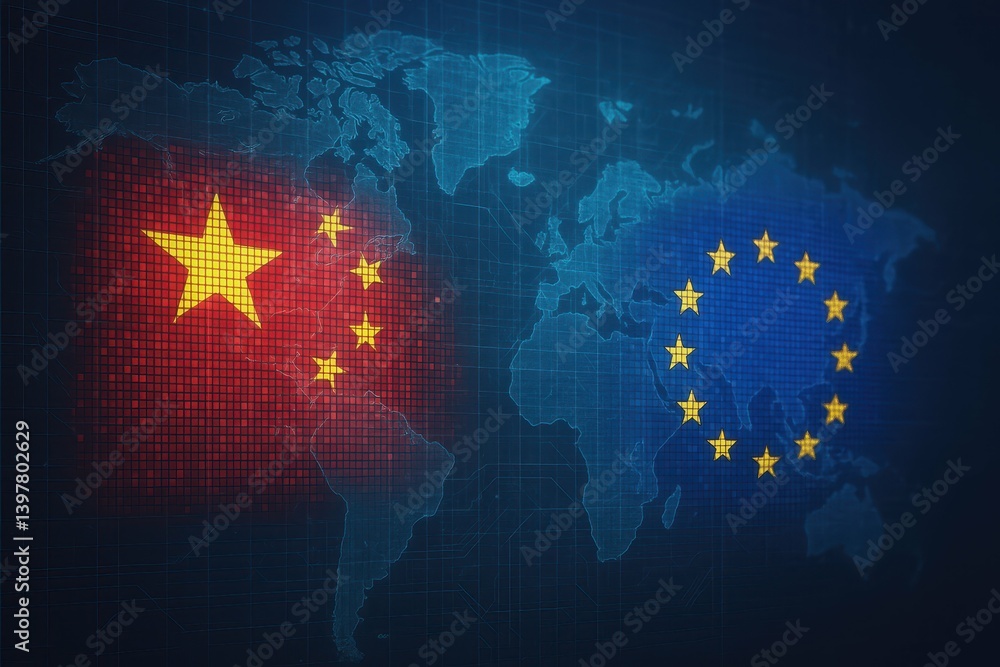 Poster global trade relations between china and europe with flags and map