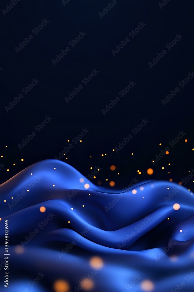 Poster abstract blue wavy surface with glowing orange particles floating above against dark background, cre