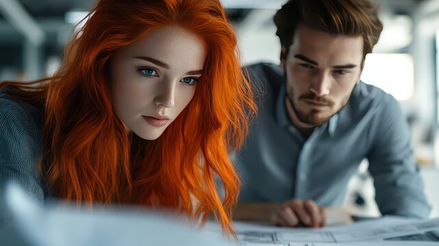 Focused woman and man collaborate on a project with a blueprint.