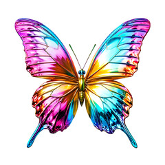 a strikingly iridescent butterfly with wings displaying a vibrant spectrum of blues, pinks, yellows, and golds is captured in a symmetrical, detailed view.