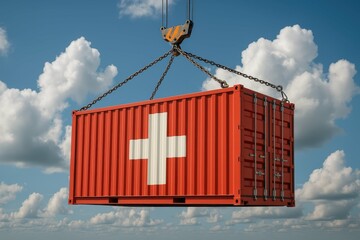 Cargo Container Against Blue Sky and White Clouds Over Switzerland