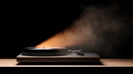 Vintage record player spinning a vinyl disc, emitting smoke, set against a dark background