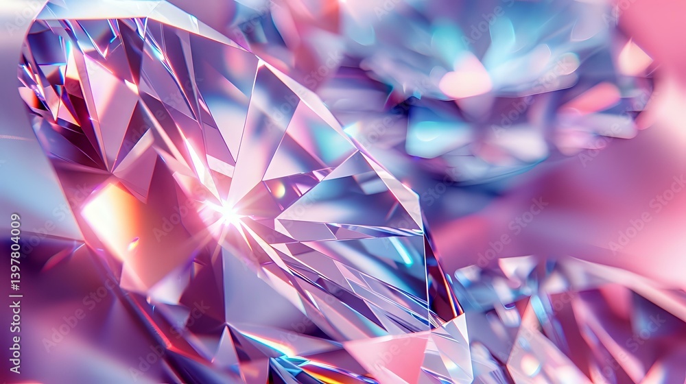 Poster macro view of crystal structure with pink and blue light refraction creating prismatic effect. luxur