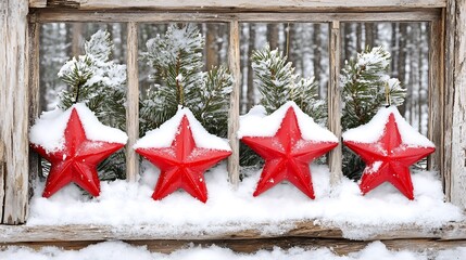 Red stars covered in snow on a rustic wooden windowsill.
