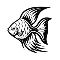 Tribal Angelfish Black and White Ornate Fish, Swirl Fins, Aquatic Animal, Detailed