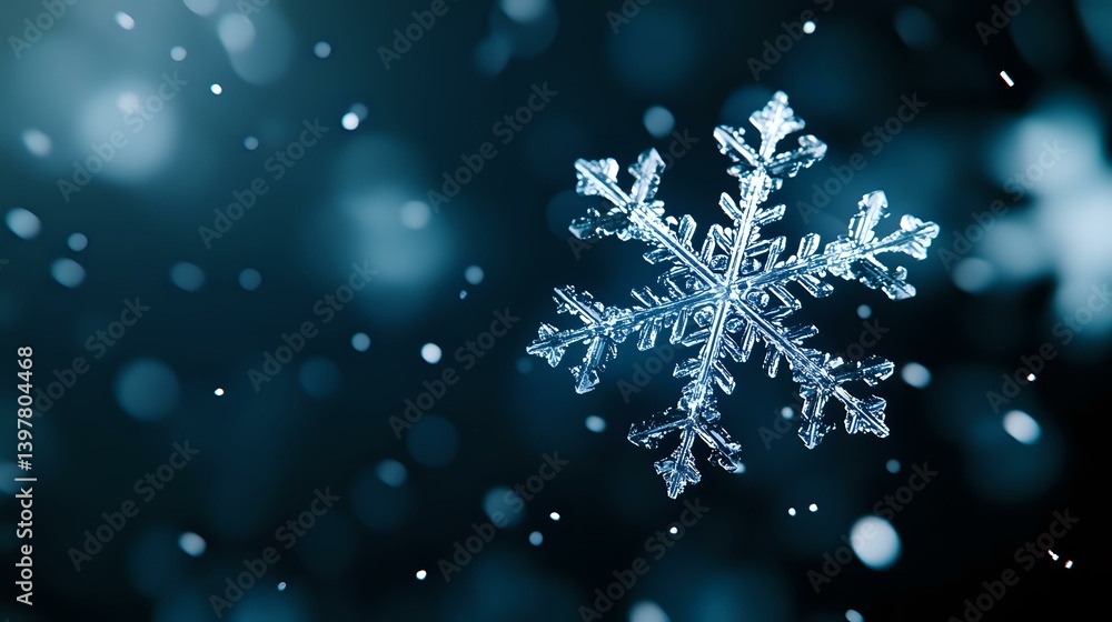 Poster macro photograph of natural snowflake crystal with intricate symmetrical pattern against dark blue b