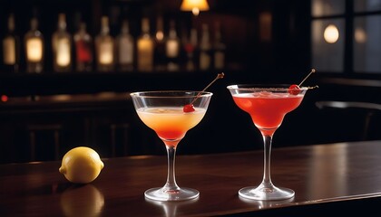 Two colorful cocktails garnished with cherries, displayed on a bar.
