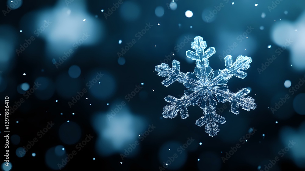 Poster macro photograph of natural snowflake crystal with intricate details and patterns against dark blue 